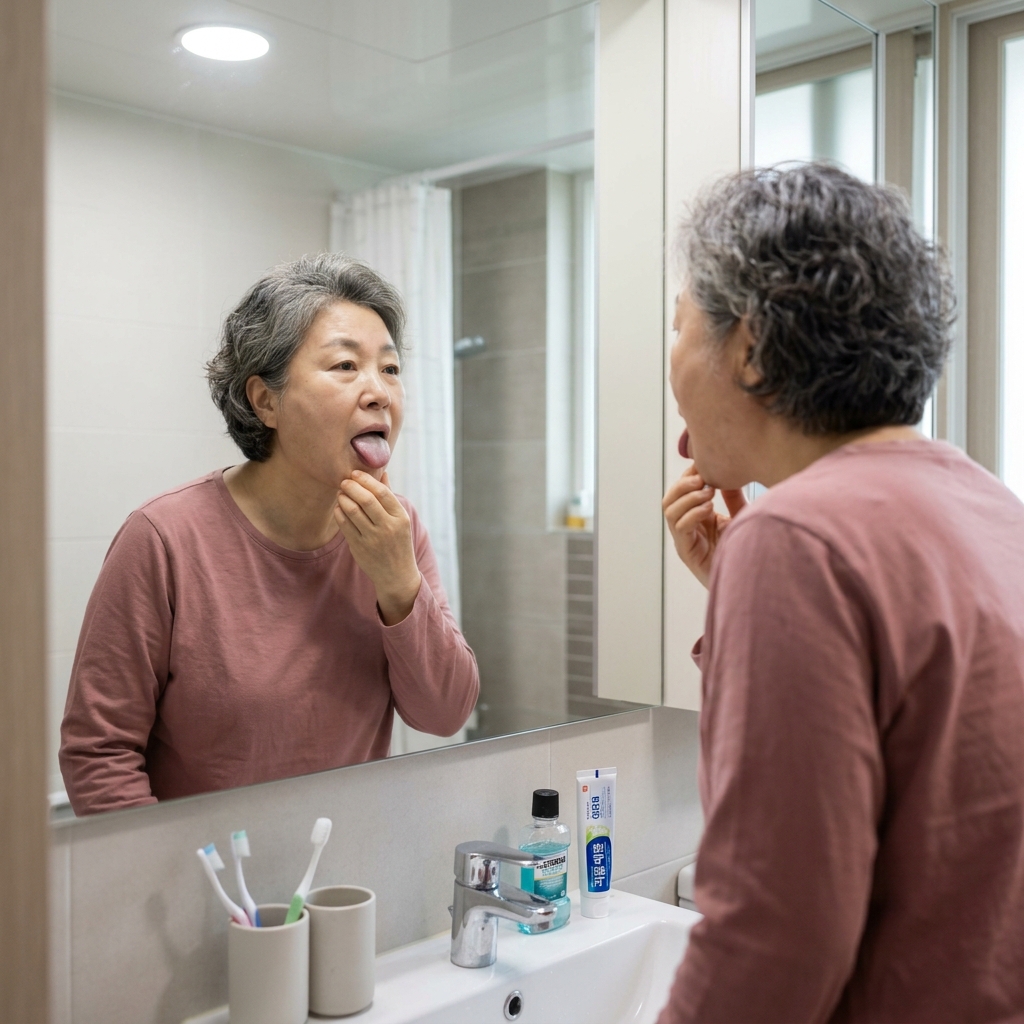 50대 후반 여성이 거울을 보며 혀를 내밀어 백태를 확인하고 있는 모습, 실내 조명 아래 세면대 앞, 긴팔 블라우스 착용