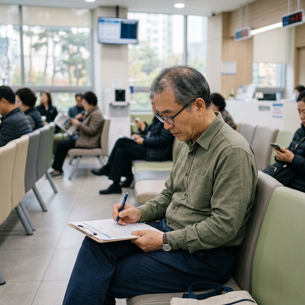 60대 중반 남성이 병원 대기실 의자에 앉아 문진표를 작성하고 있는 모습, 긴팔 셔츠 착용, 창밖으로 밝은 자연광