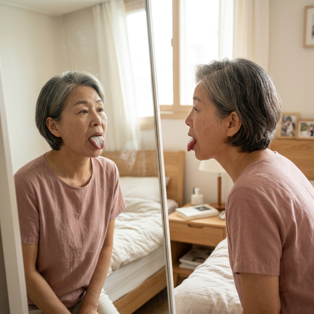 침대 옆 거울을 보며 혀를 내민 70대 여성, 혀 표면이 하얗게 보이고 아침 햇살이 창문으로 들어오는 실내 풍경