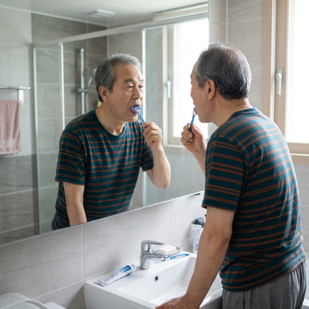 세면대 앞에서 혀 클리너로 혀를 닦는 70대 남성, 거울을 보며 확인하는 모습, 아침 실내 조명