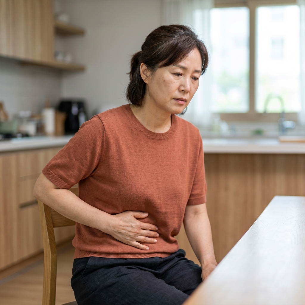 50대 중년 여성이 오른쪽 아랫배를 손으로 누르며 불편한 표정을 짓고 있는 모습