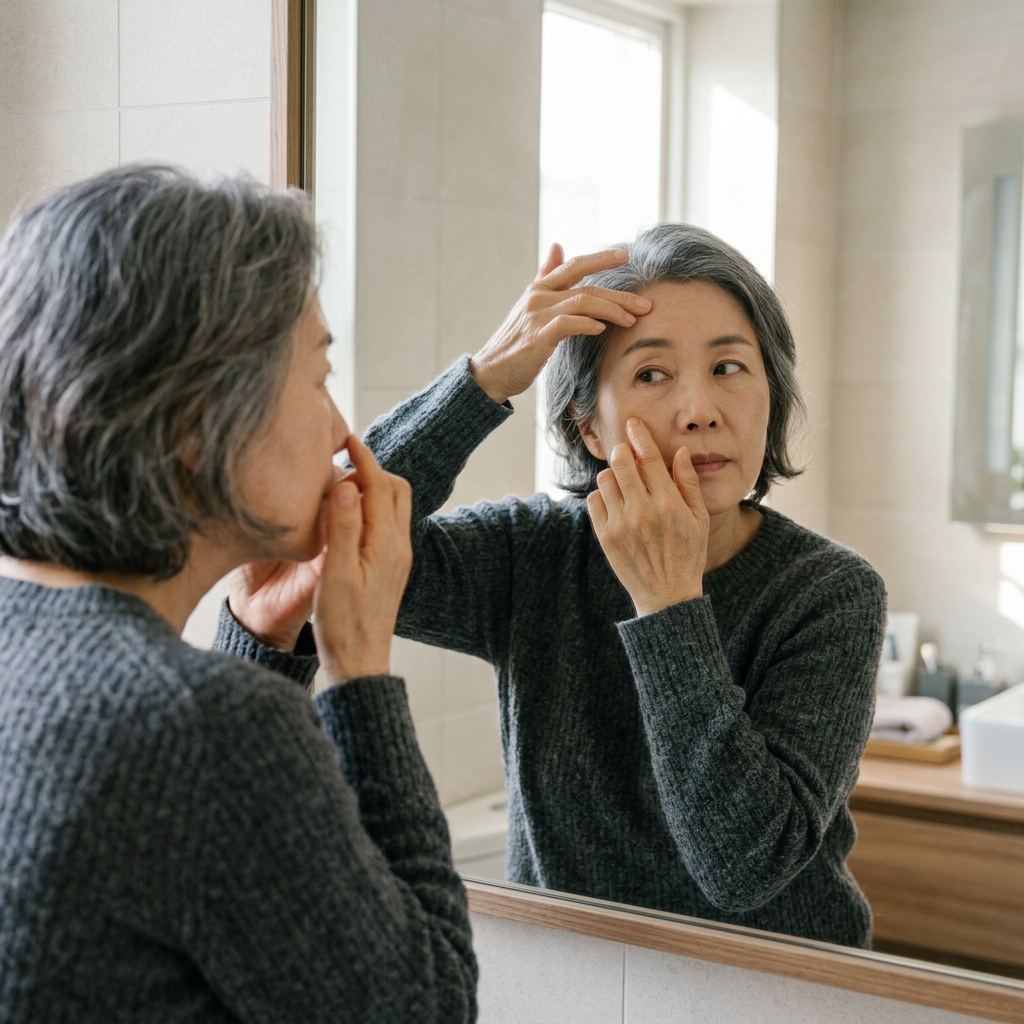 60대 중반 여성이 거울 앞에서 얼굴을 가까이 들여다보며 뺨과 이마 부위를 손가락으로 살피는 모습, 실내 자연광, 긴팔 니트 착용