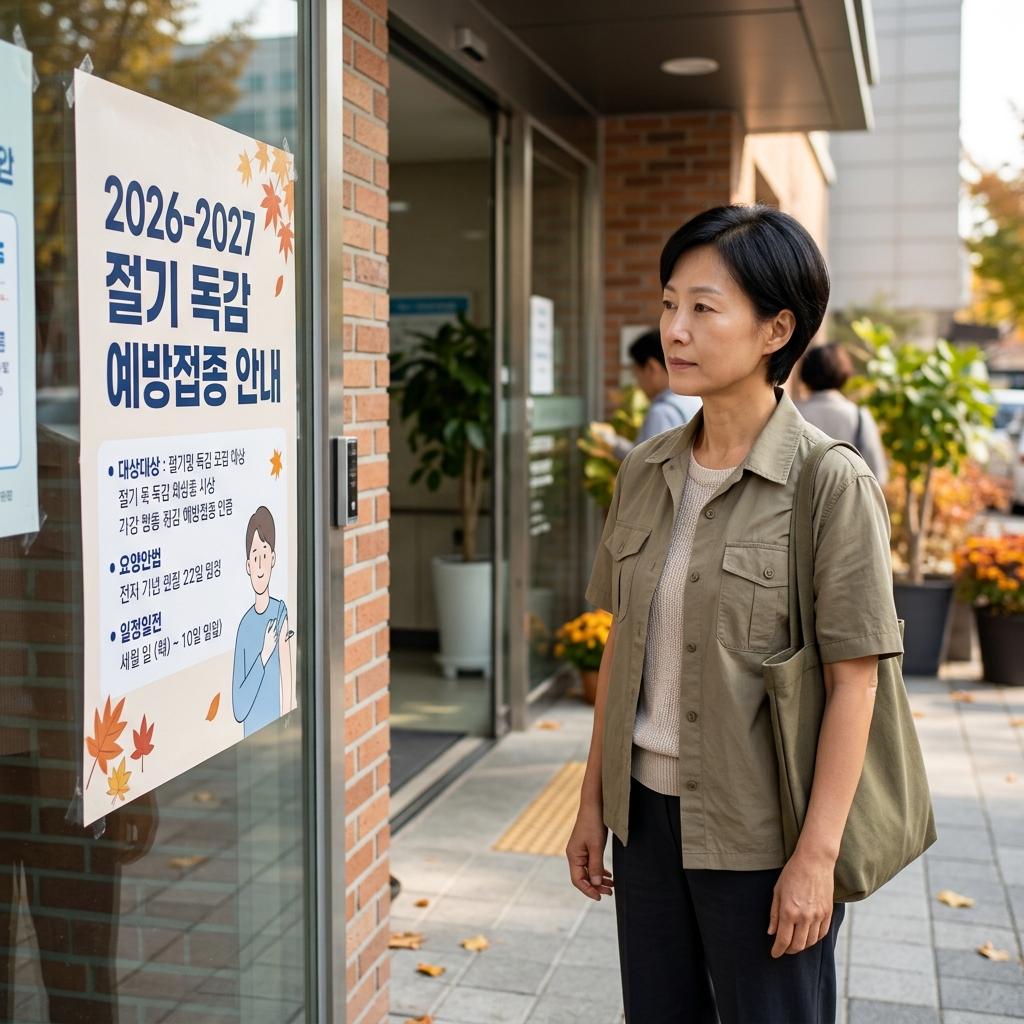 가을 햇살 아래 병원 입구에서 독감 예방접종 안내 포스터를 확인하는 50대 중반 여성