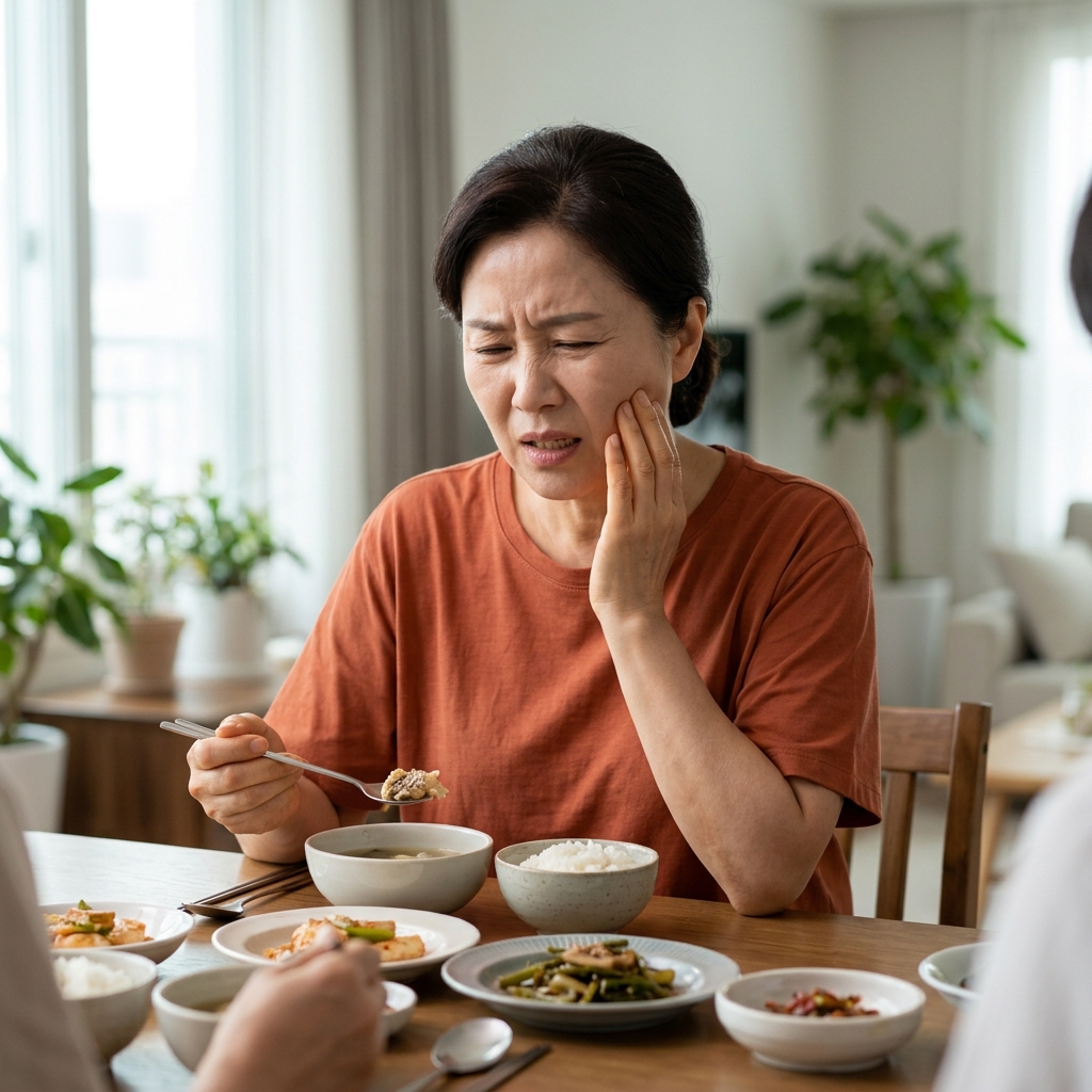 50대 중반 여성이 식탁에 앉아 음식을 씹다가 한쪽 어금니 부위를 손으로 짚으며 찌릿한 표정을 짓는 장면, 실내 조명, 반소매 블라우스