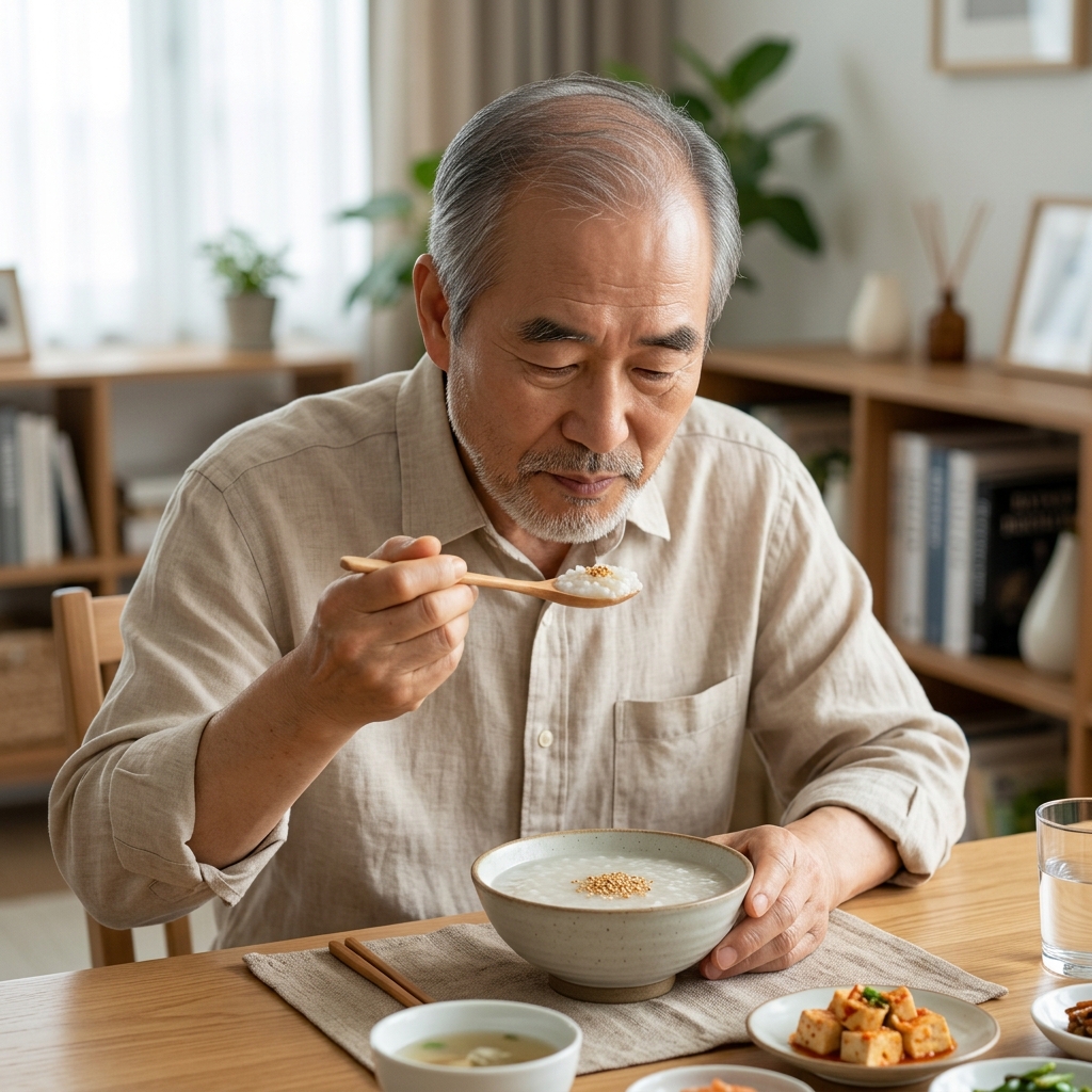 70대 노인이 식탁에 앉아 작은 숟가락으로 부드러운 죽을 천천히 떠먹고 있는 장면, 턱을 가슴 쪽으로 살짝 당긴 자세