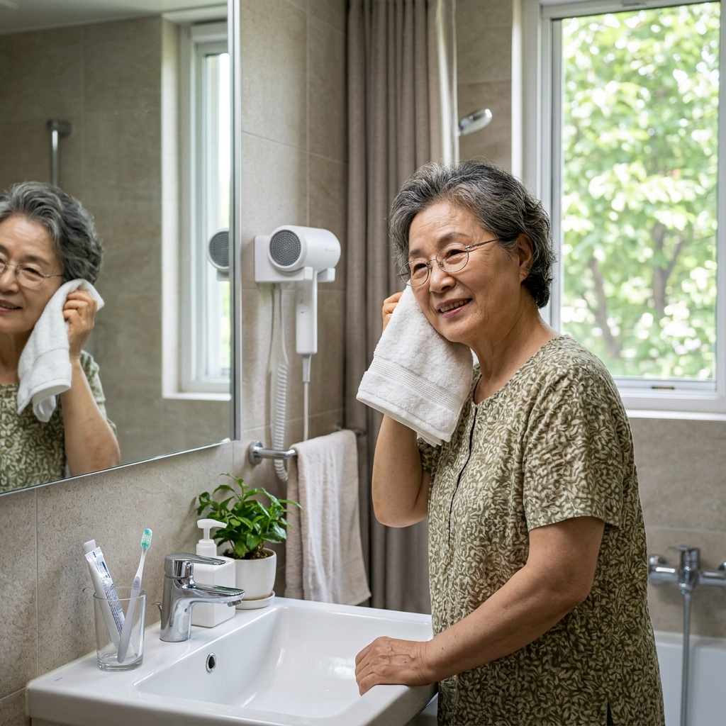 세면대 앞에서 귀를 수건으로 가볍게 닦는 70대 여성의 모습, 헤어드라이어가 벽에 걸려 있고 창밖으로 초록 잎이 보이는 욕실