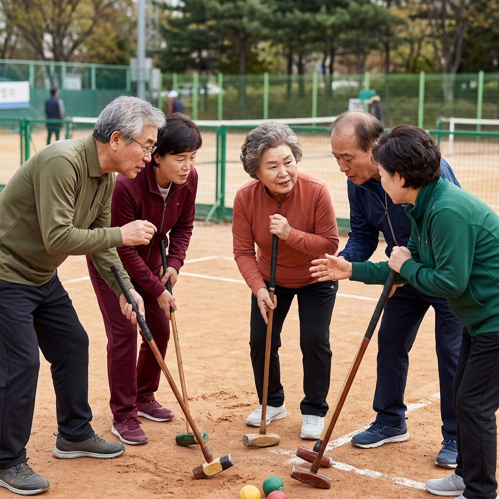 야외 게이트볼 경기장에서 긴소매 운동복 차림의 60대 후반 남녀 다섯 명이 T자형 스틱을 들고 원형으로 모여 작전을 상의하는 장면