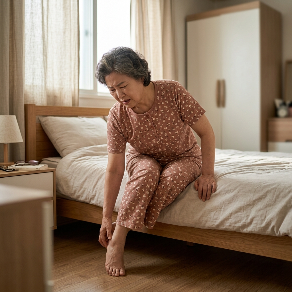 70대 여성이 아침에 침대에서 일어나 첫발을 디디며 발뒤꿈치를 감싸 쥐고 있는 장면