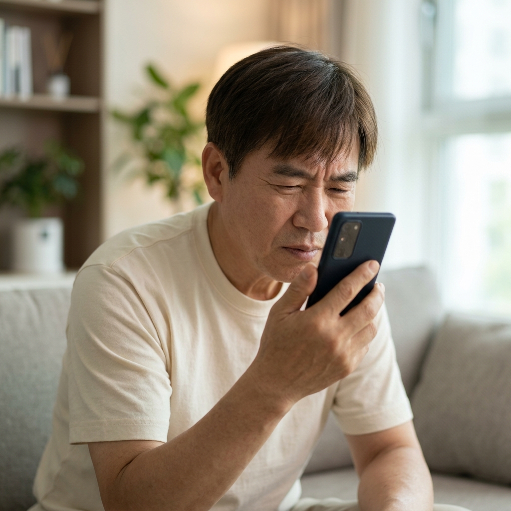 거실 소파에 앉아 스마트폰 화면을 눈에 가까이 대고 글자를 읽으려 애쓰는 60대 후반 중년 남성