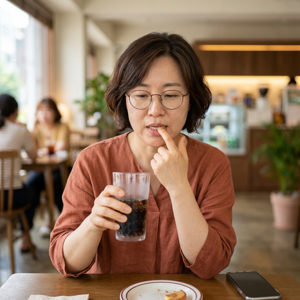 탄산음료를 마시며 이를 만지는 40대 여성의 표정