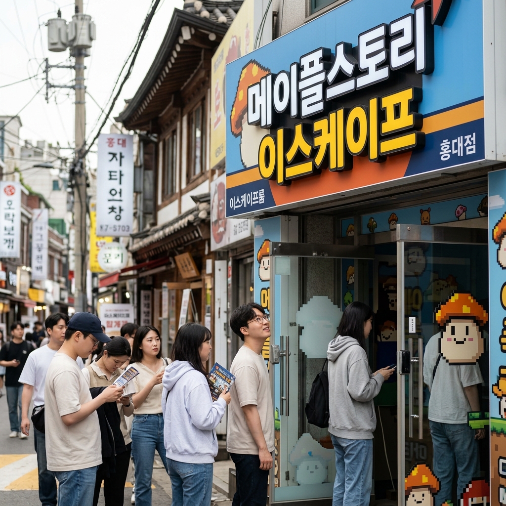 홍대 거리에 세워진 메이플스토리 이스케이프 간판과 입구 전경