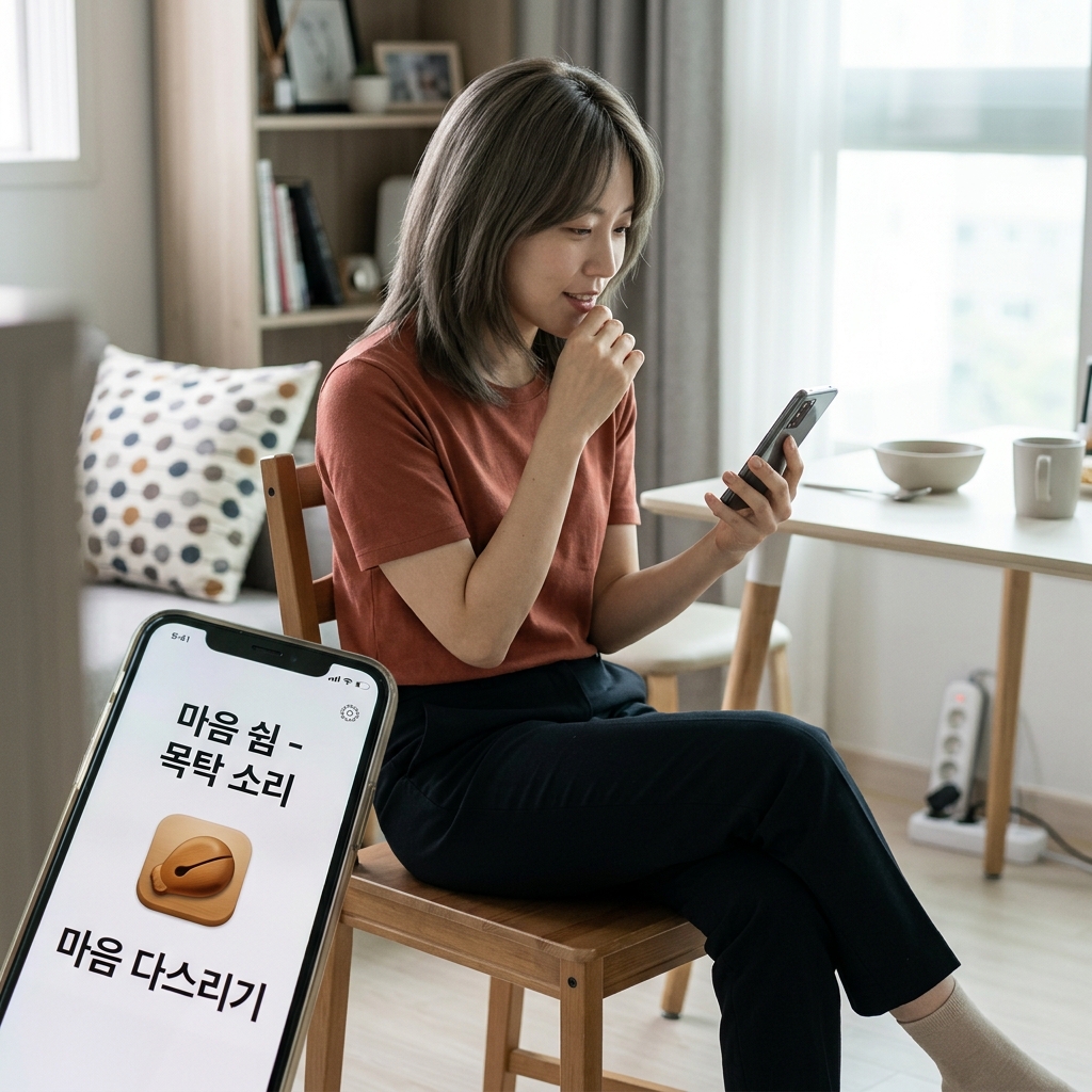 스마트폰으로 목탁 앱을 사용하며 마음을 다스리는 한국인 20대 직장인의 일상 장면
