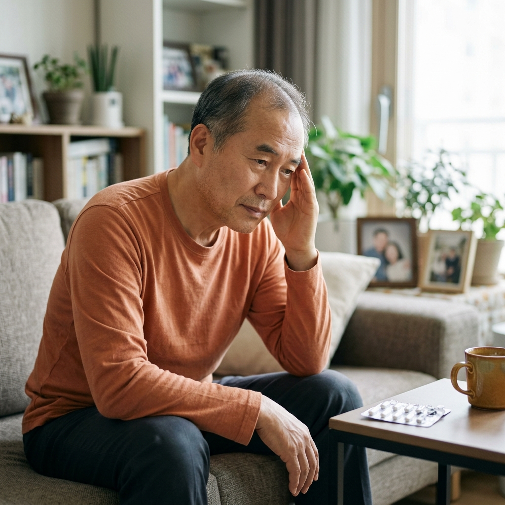 60대 중반 남성이 거실 소파에 앉아 한 손으로 관자놀이를 짚고 있고, 옆 탁자 위 진통제 포장을 내려다보고 있는 모습