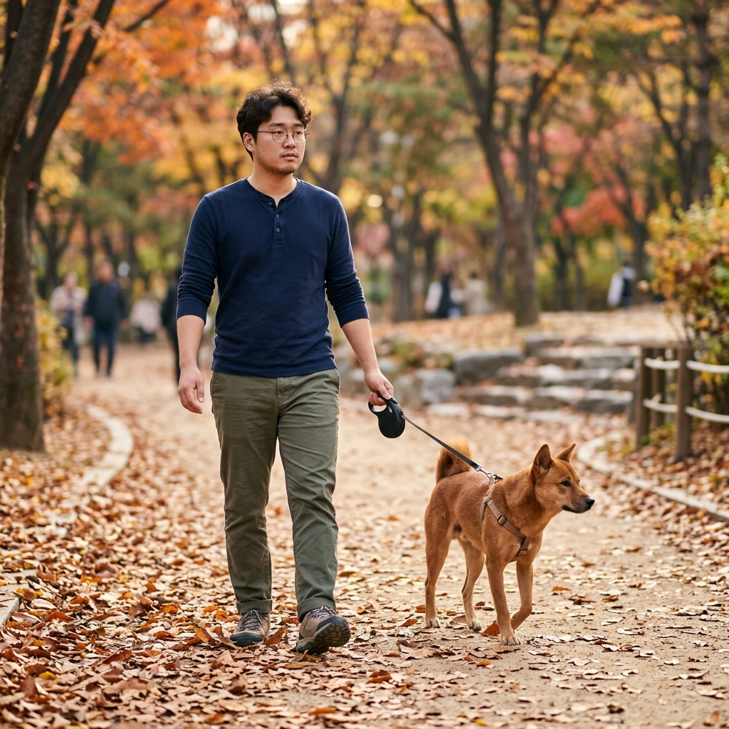 가을 낙엽 깔린 산책로를 걷는 중형견과 보호자, 선선한 날씨에 긴소매 옷을 입고 리드줄을 짧게 잡은 모습