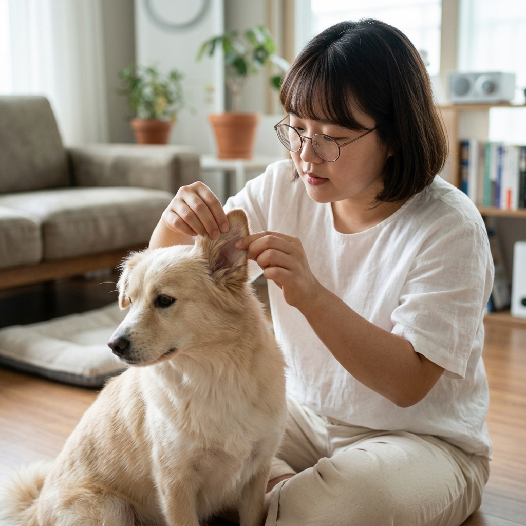 산책 후 반려견의 귀 뒤와 발가락 사이를 확인하는 보호자의 손, 실내 조명 아래 꼼꼼히 살피는 장면