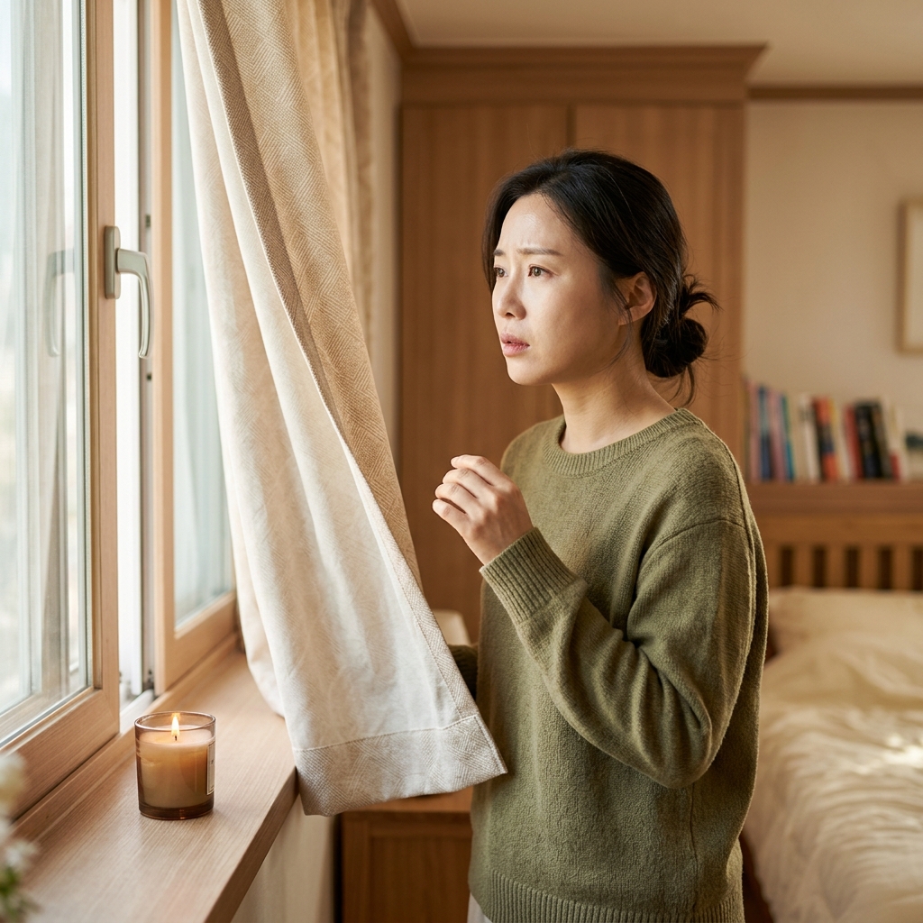 침실 창가에 켜진 향초 옆 커튼이 바람에 흔들리는 모습, 긴소매 니트 입은 30대 여성이 걱정스러운 표정으로 바라보는 장면