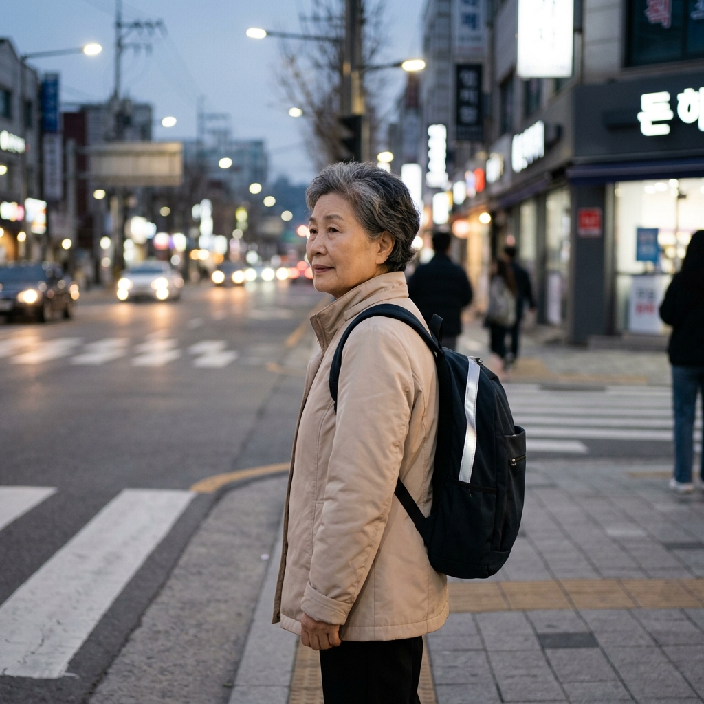 저녁 시간대 밝은색 재킷을 입고 반사띠가 달린 가방을 멘 70대 여성이 횡단보도 앞에서 신호를 기다리는 모습