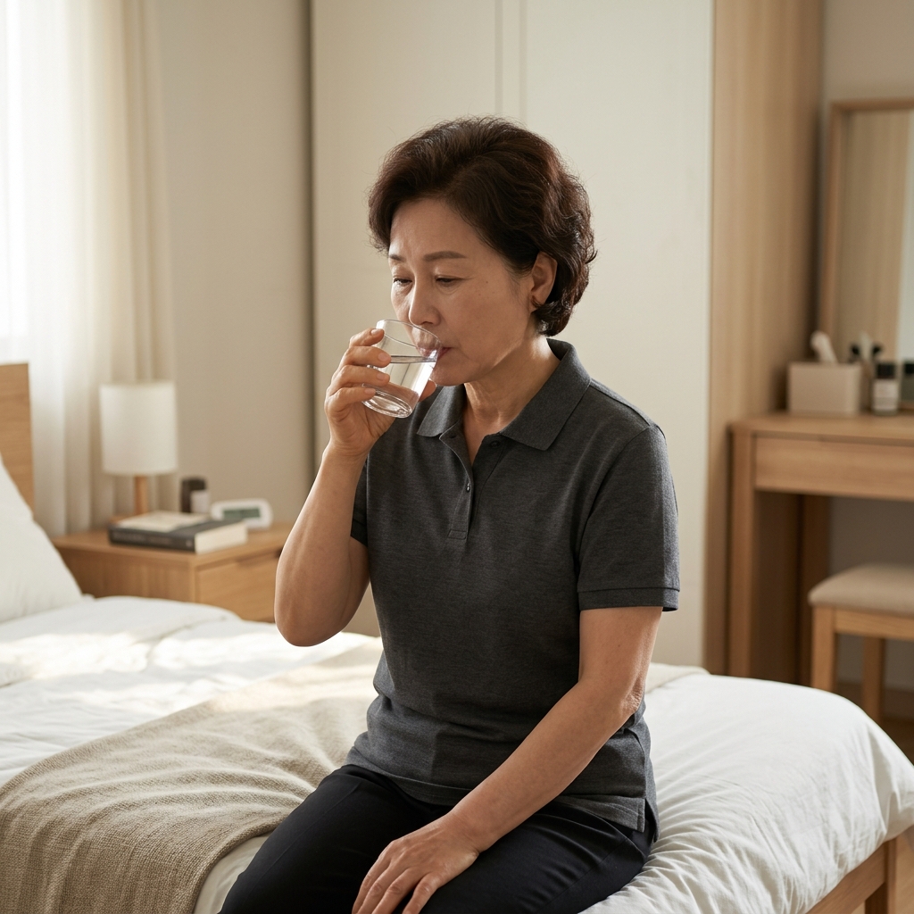 50대 후반 남성이 침대 옆에 앉아 작은 물컵을 들고 천천히 물을 마시는 모습