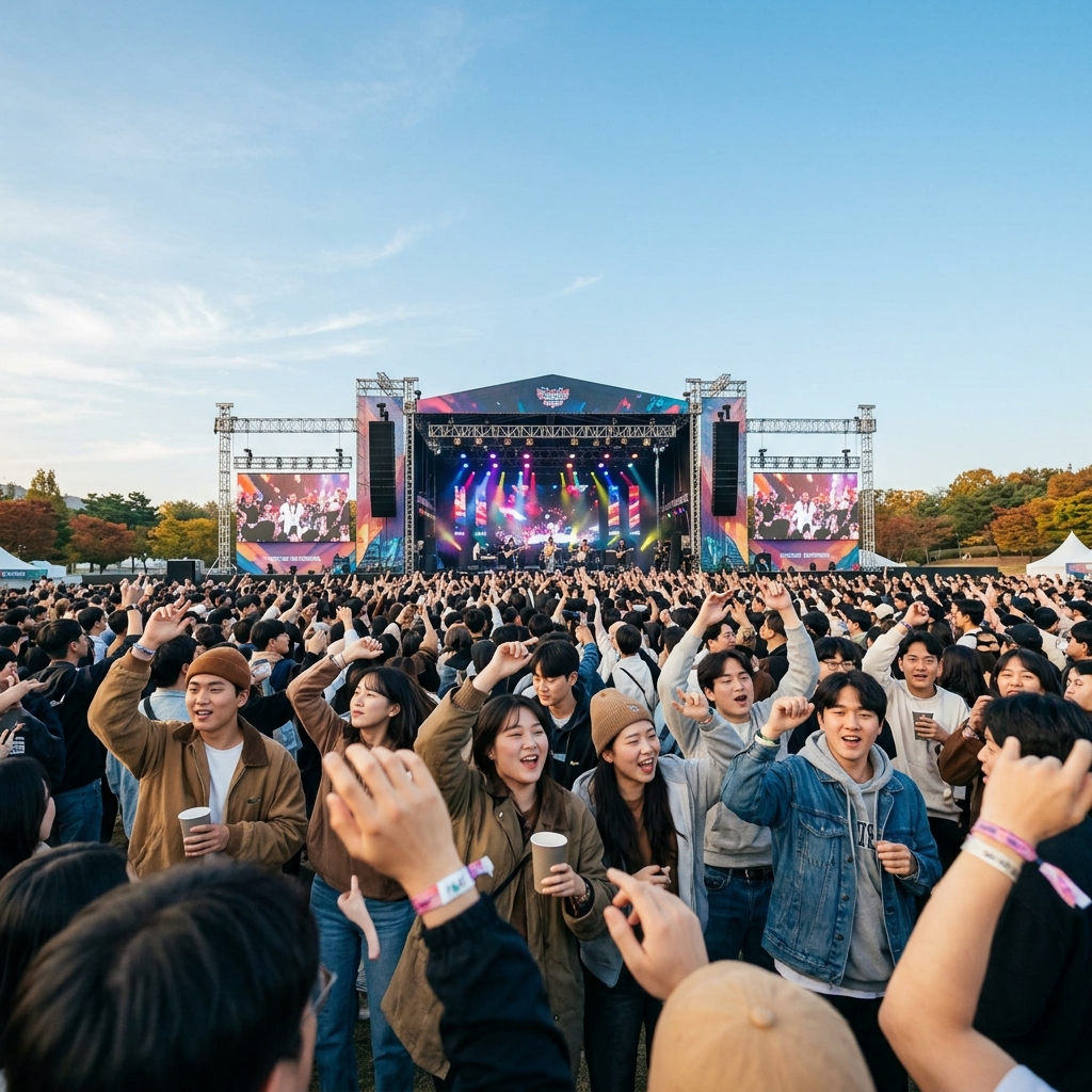 가을 하늘 아래 펼쳐진 대형 음악 페스티벌 무대와 열광하는 관객들