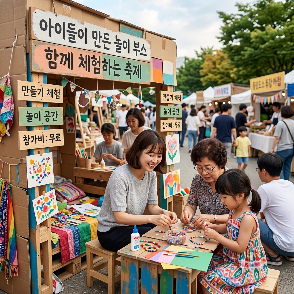 아이들이 직접 만든 놀이 부스에서 가족들이 함께 체험하는 따뜻한 축제 현장
