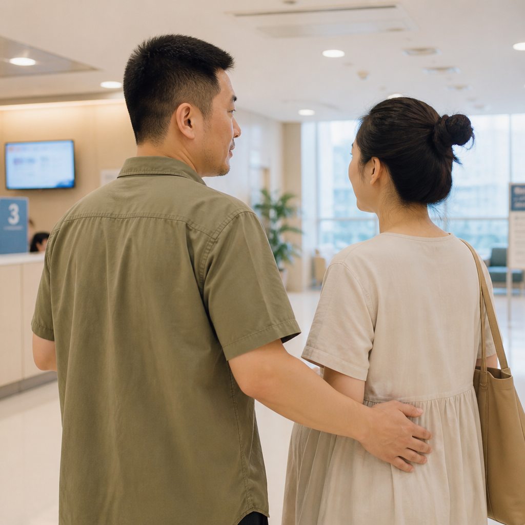 임신한 배우자와 함께 병원을 방문하는 남성의 모습