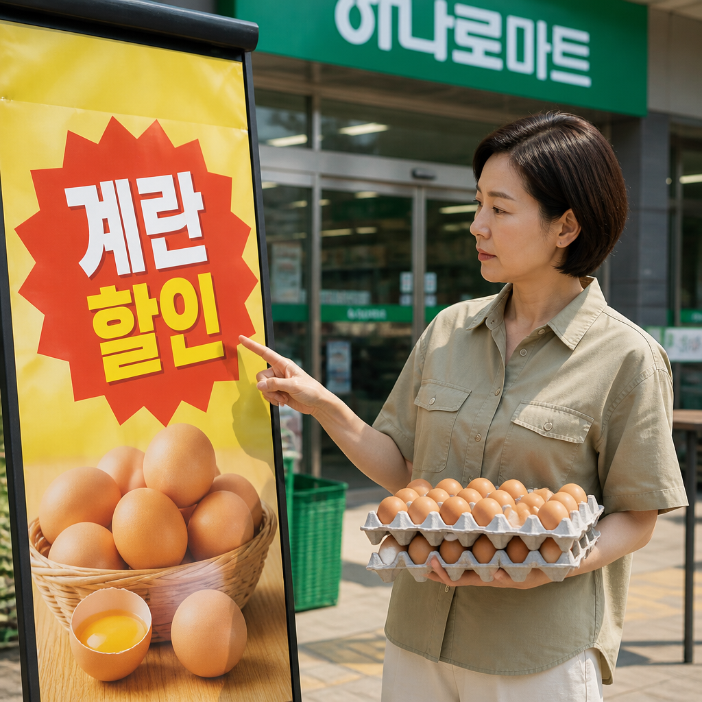 하나로마트 매장 앞 계란 할인 행사 안내 배너