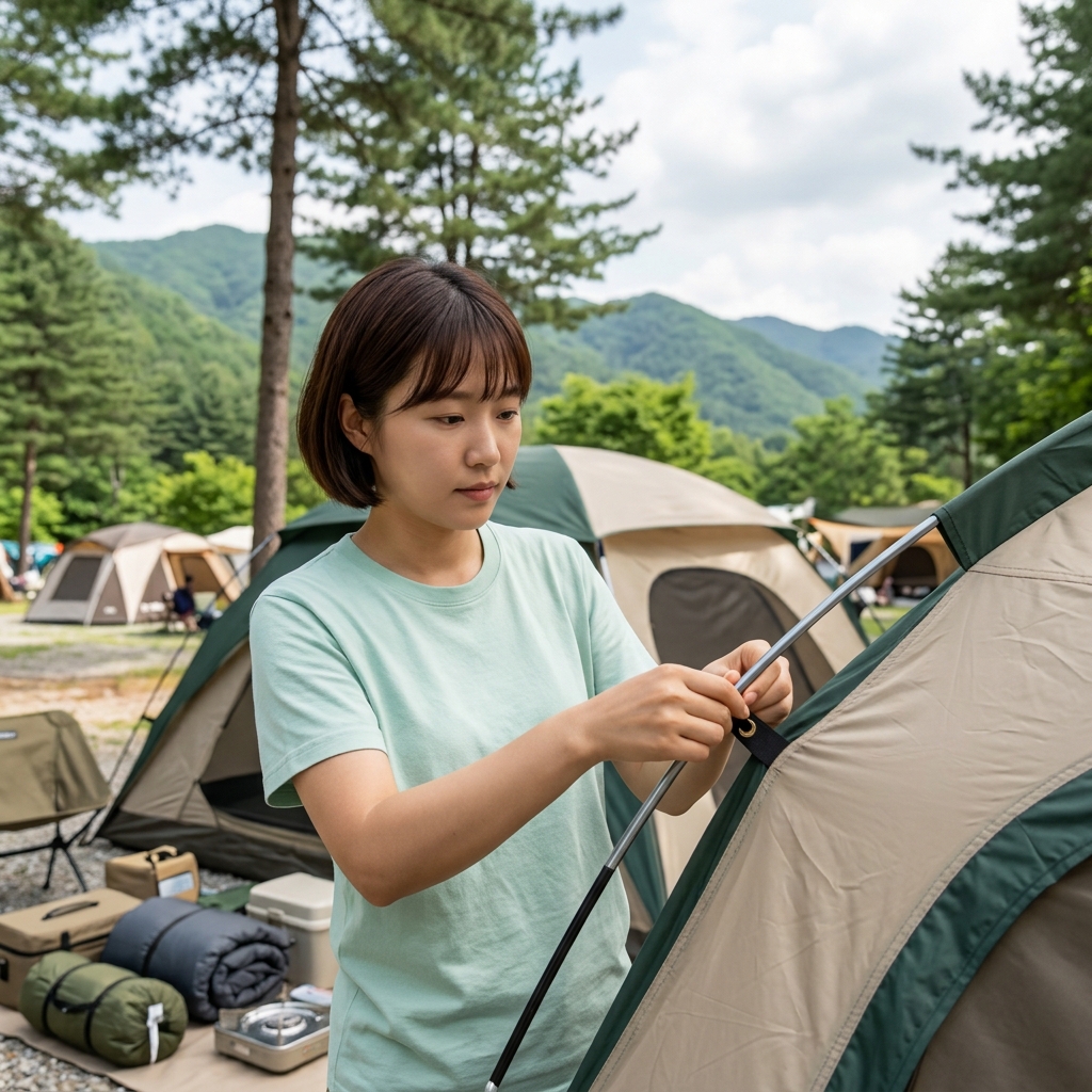 캠핑장에서 텐트와 장비를 빌려 설치하는 초보 캠퍼의 모습