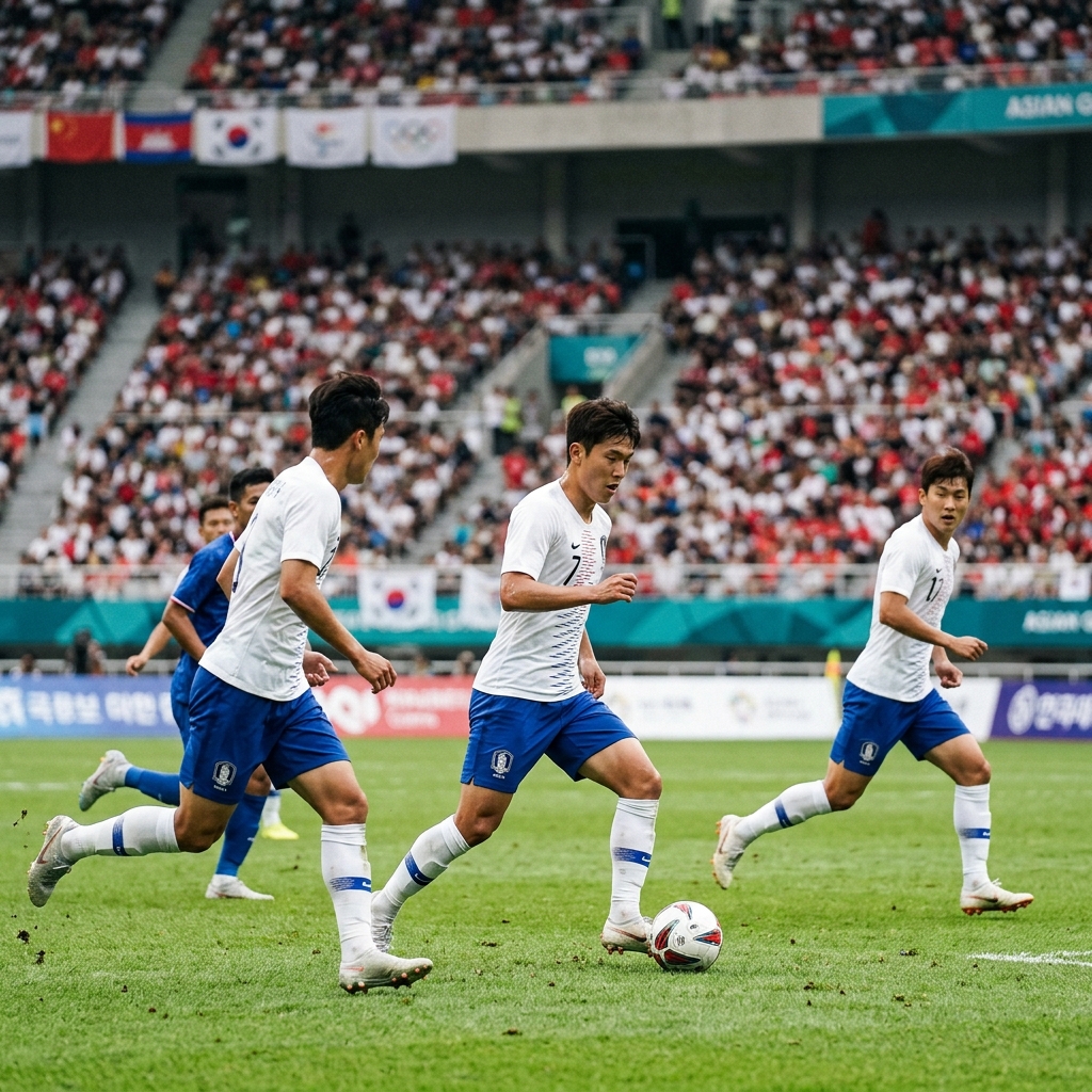 아시안게임 축구 경기장에서 한국 대표팀이 뛰는 장면
