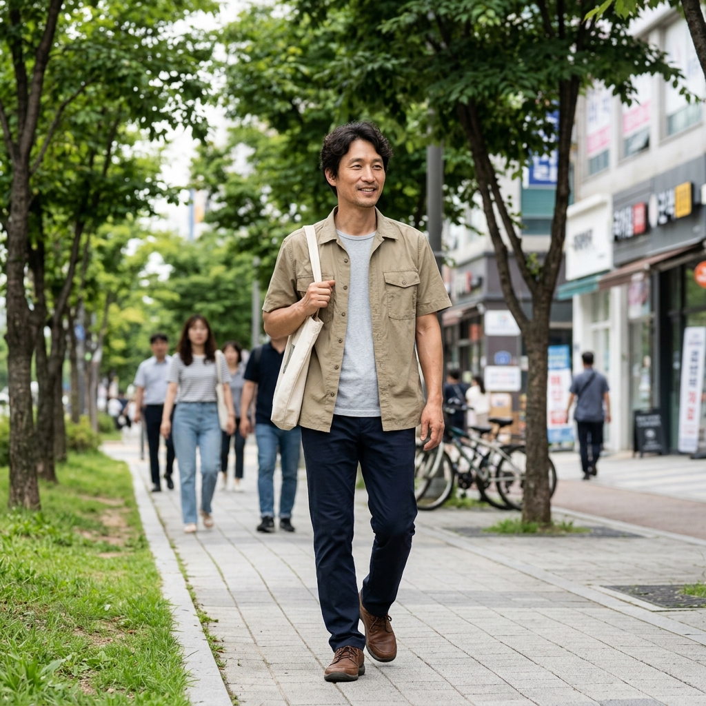 점심 식사 후 회사 주변을 가볍게 걷는 직장인의 모습, 반소매 셔츠와 가벼운 차림으로 인도를 걷는 장면