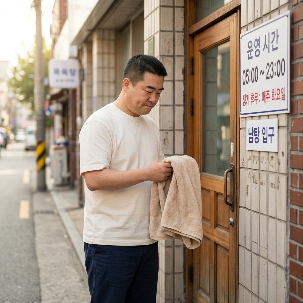 50대 남성이 사우나 문 앞에서 수건을 들고 입장 전 잠시 망설이는 장면, 벽에 안내문이 붙어 있음