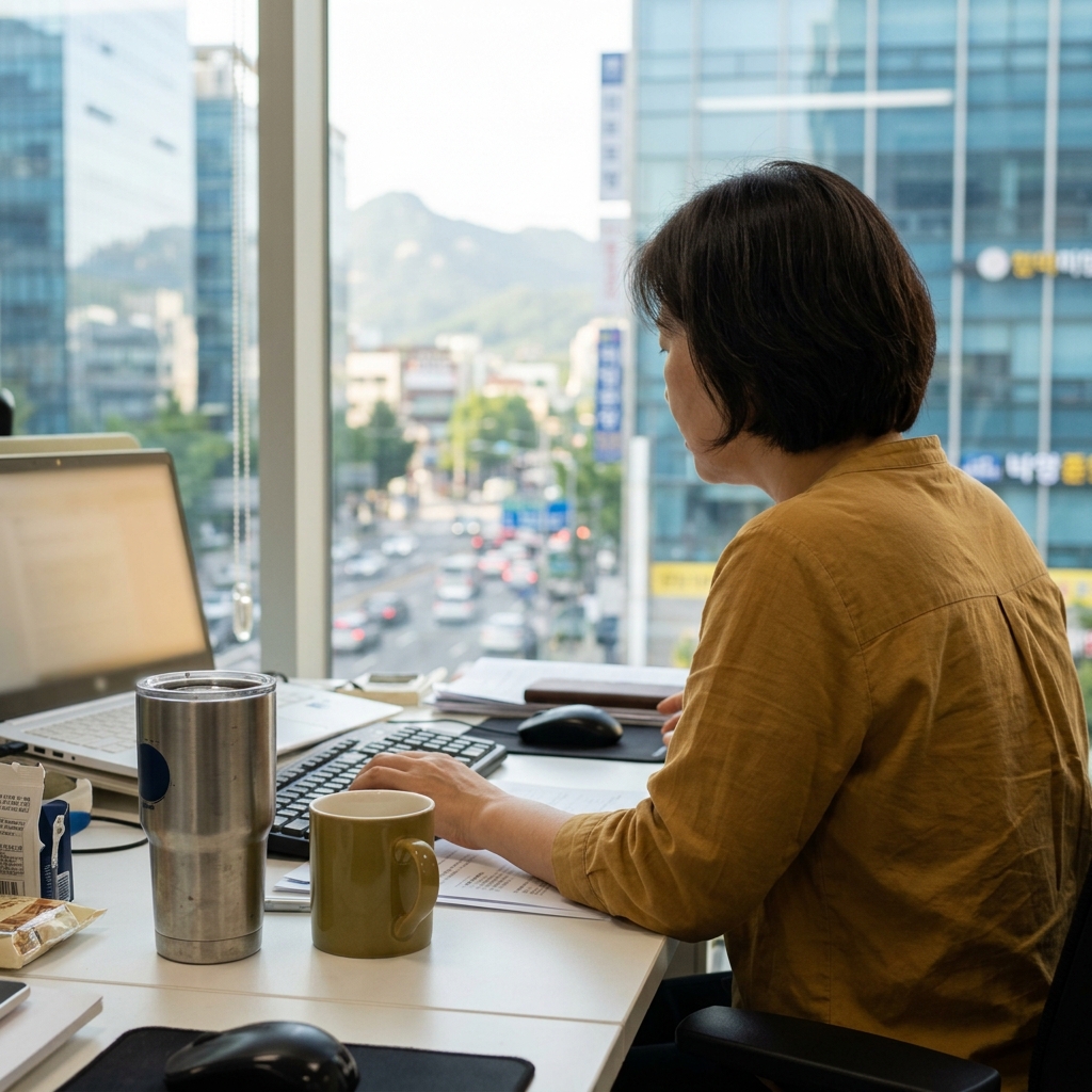 사무실 책상 위에 놓인 스테인리스 텀블러와 반쯤 남은 물, 창밖으로 보이는 오피스 풍경