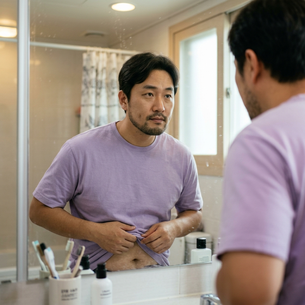 거울 앞에서 배 부분을 확인하는 50대 남성, 실내 조명 아래