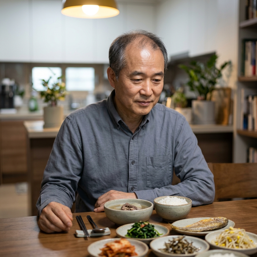 50대 후반 남성이 저녁 식탁 앞에 앉아 밥과 국, 반찬이 차려진 상을 바라보는 모습, 실내 조명, 긴소매 면 셔츠