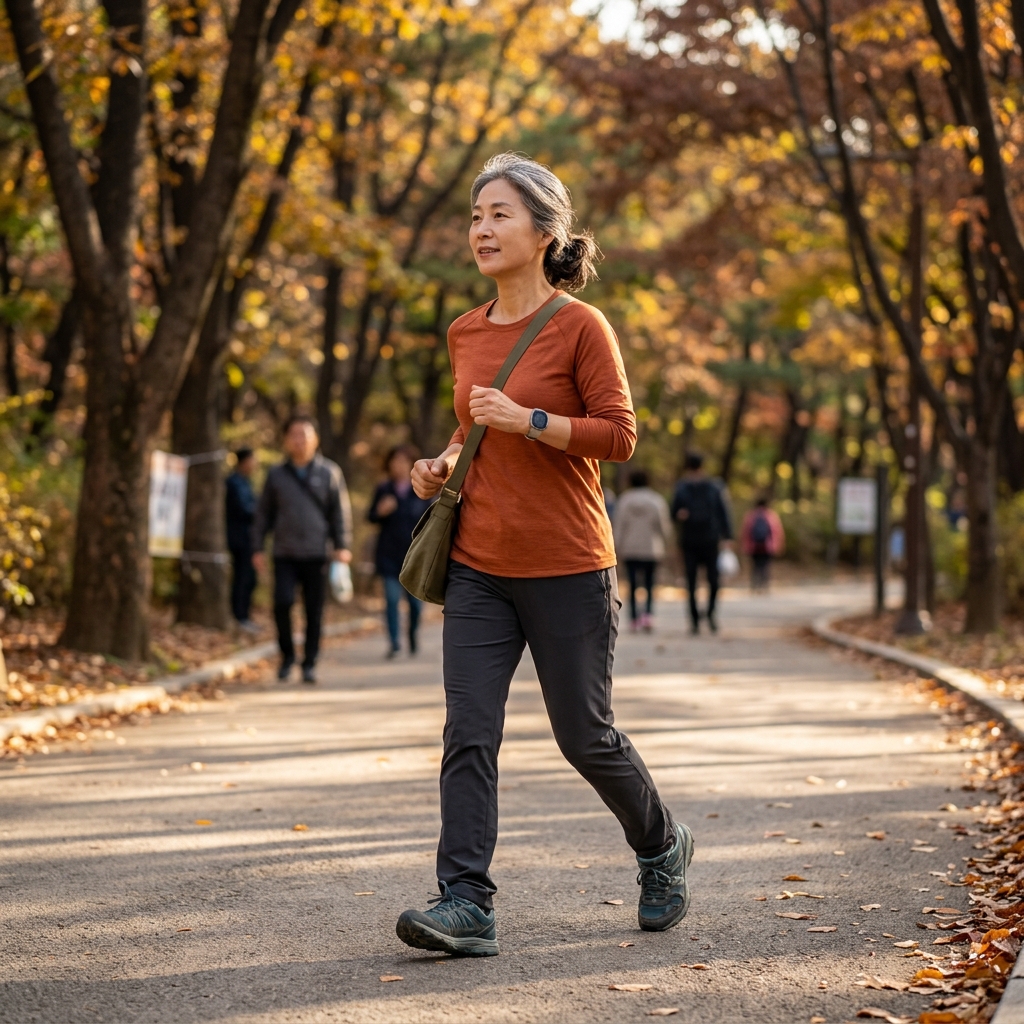 50대 여성이 공원 산책로에서 빠르게 걷고 있는 모습, 긴팔 티셔츠와 운동화 착용, 햇살 따스한 가을 오후 풍경