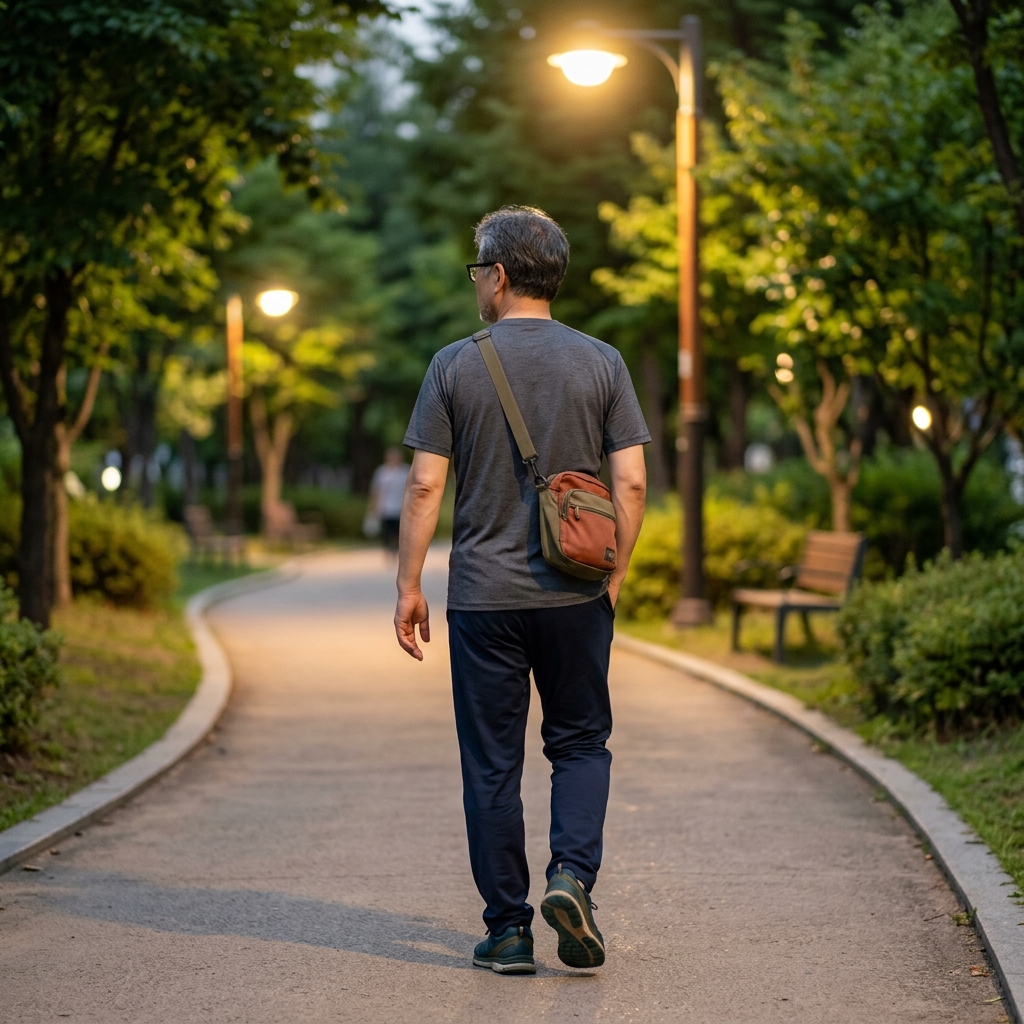 저녁 시간대 동네 공원 산책로를 걷는 50대 직장인의 뒷모습, 가로등 불빛 아래 편안한 운동복 차림