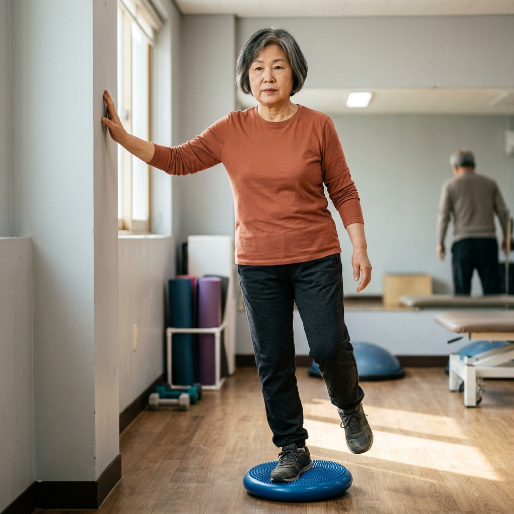 실내에서 벽을 짚고 밸런스 패드 위에 한 발로 서서 균형을 잡는 긴소매 차림의 70대 여성