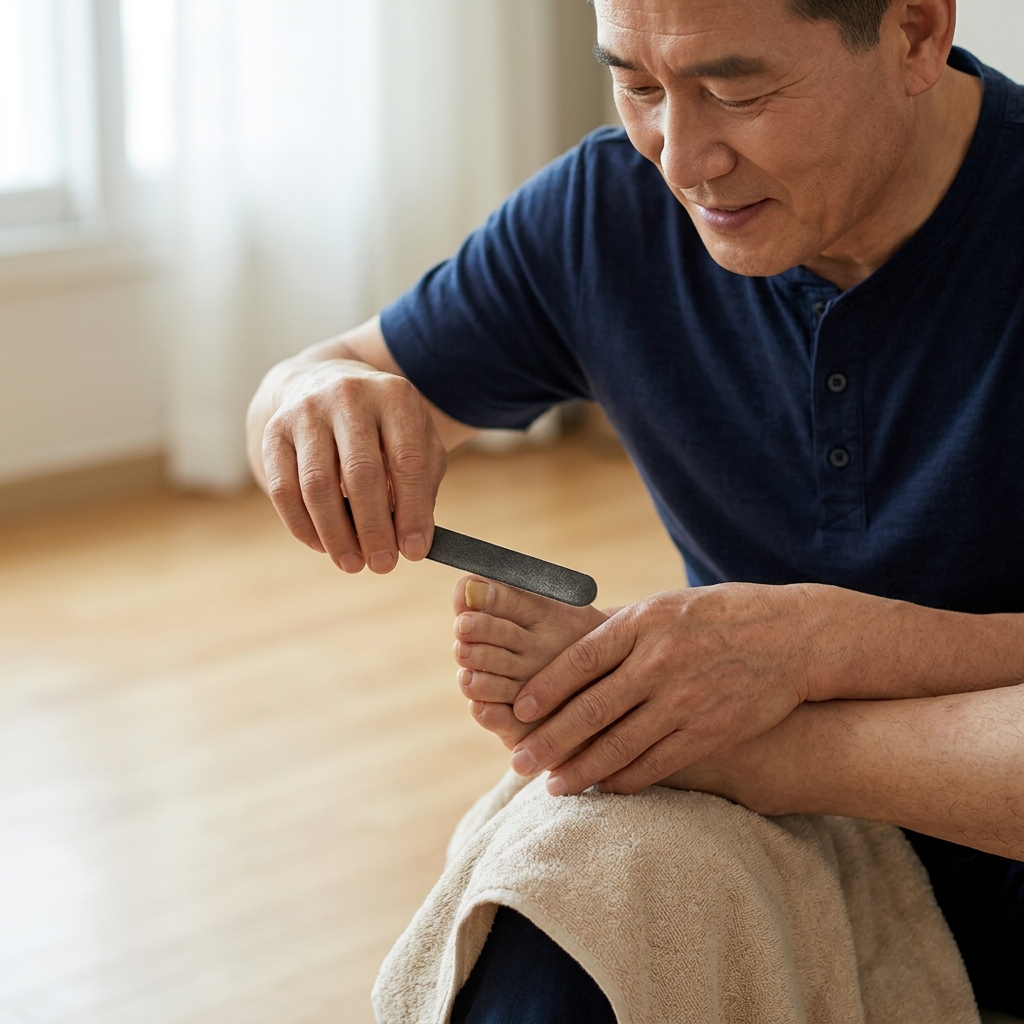족욕 후 네일 파일로 두꺼워진 발톱 표면을 가볍게 갈아내는 70대의 손
