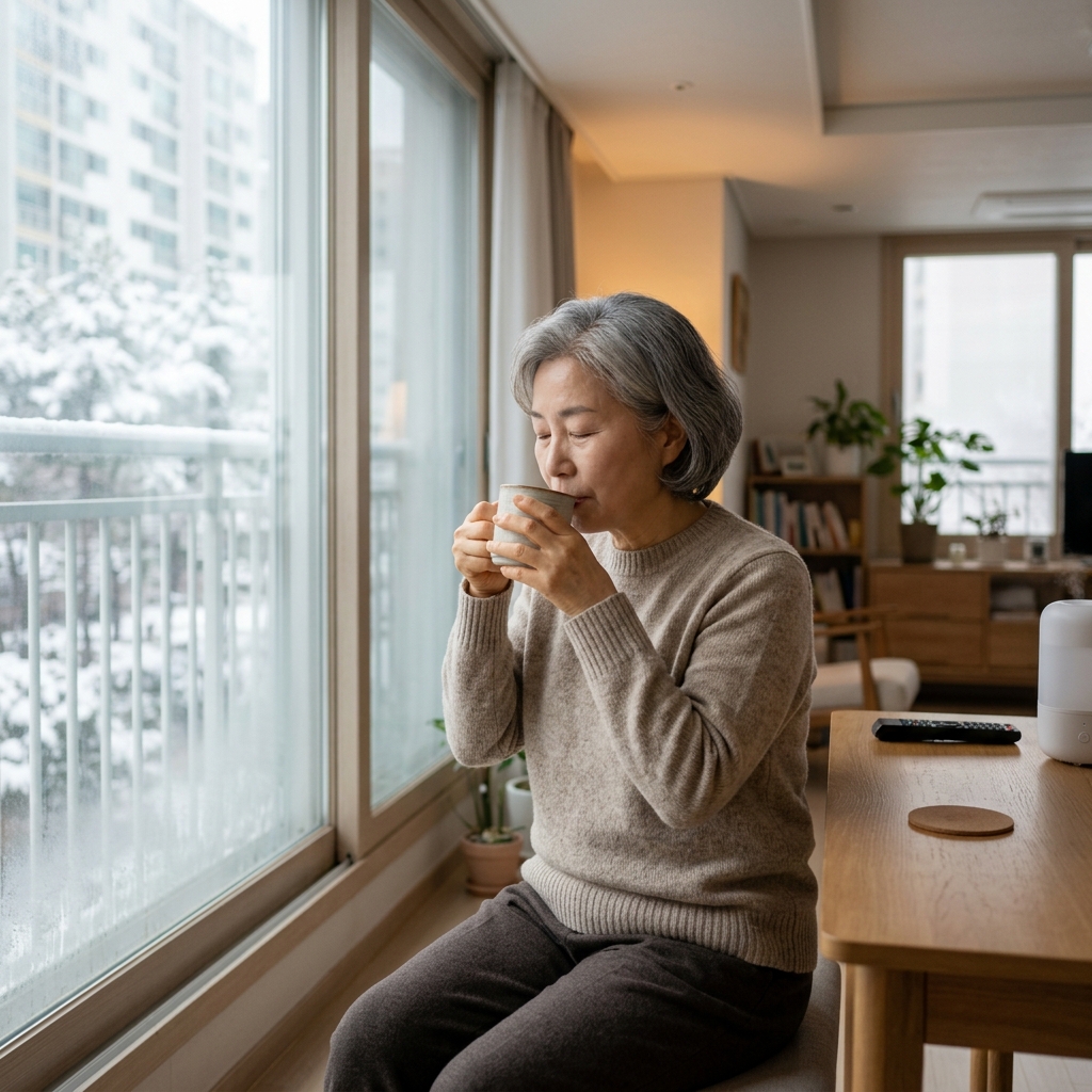 따뜻한 물을 천천히 마시며 호흡을 가다듬는 60대 중반 여성의 모습, 실내 조명이 부드럽고 창밖으로 겨울 풍경이 보인다