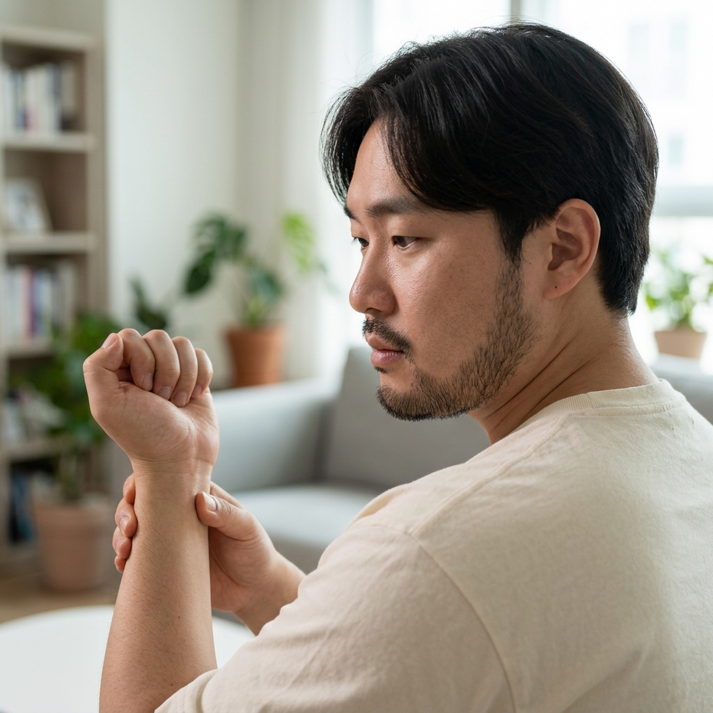 60대 여성이 엄지를 손바닥 안으로 넣어 주먹 쥔 채 손목을 아래로 꺾으며 통증 확인하는 모습
