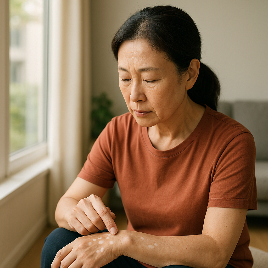70대 남성이 손등의 하얀 반점을 살피며 앉아 있는 모습, 창가의 부드러운 자연광