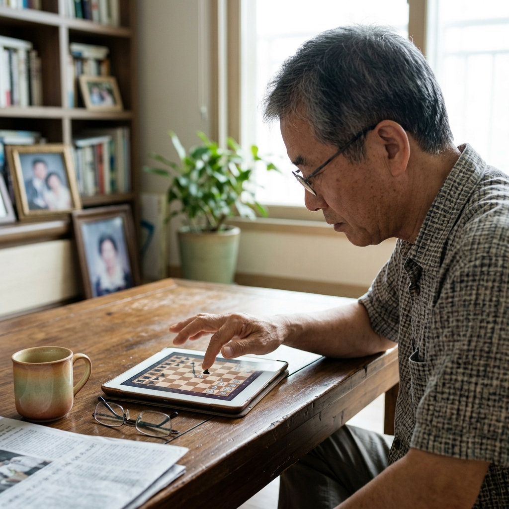 70대 남성이 거실 테이블에서 태블릿 화면 속 체스판을 응시하며 말을 옮기려는 모습
