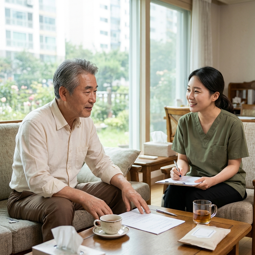 70대 어르신이 거실 소파에 앉아 요양보호사와 대화하는 모습, 창밖으로 햇살이 들어오고 탁자 위에 서류와 차가 놓여 있음