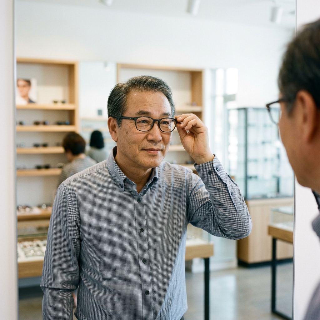 안경점에서 안경을 쓰고 거울을 보며 착용감을 확인하는 60대 남성, 실내 조명, 긴 소매 셔츠