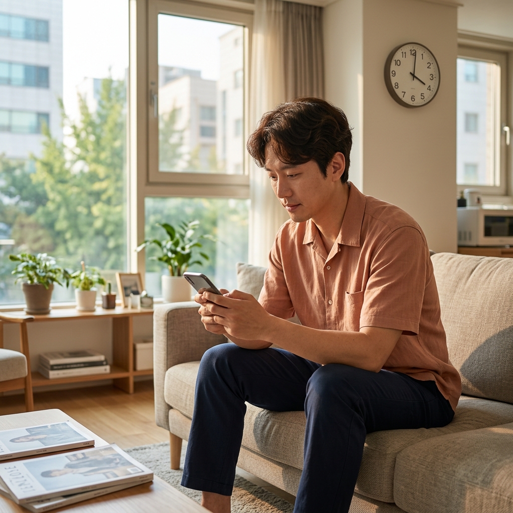 소파에 앉아 스마트폰을 들여다보는 30대 성인, 창밖으로 오후 햇살이 들어오고 시계는 4시를 가리킨다