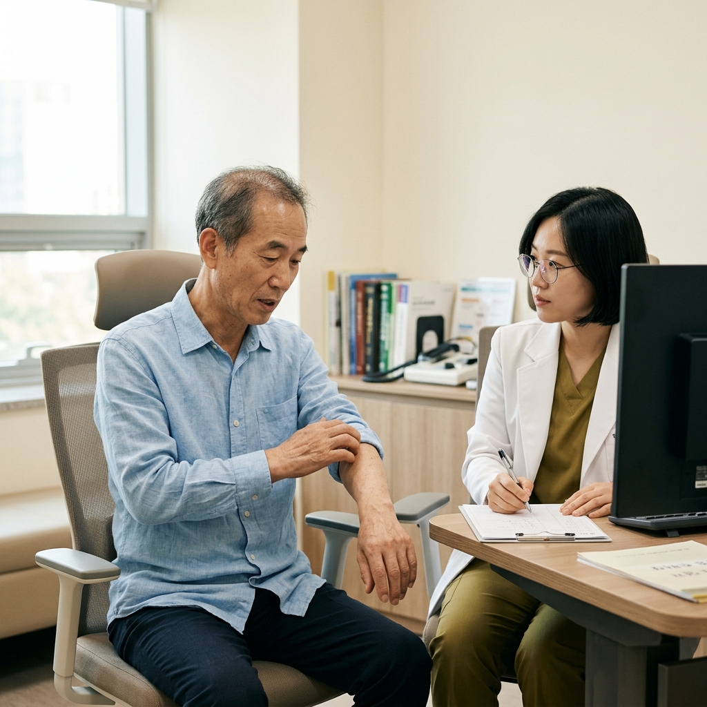 병원 진료실에서 팔을 긁으며 의사와 상담 중인 60대 남성, 얇은 긴팔 셔츠 차림