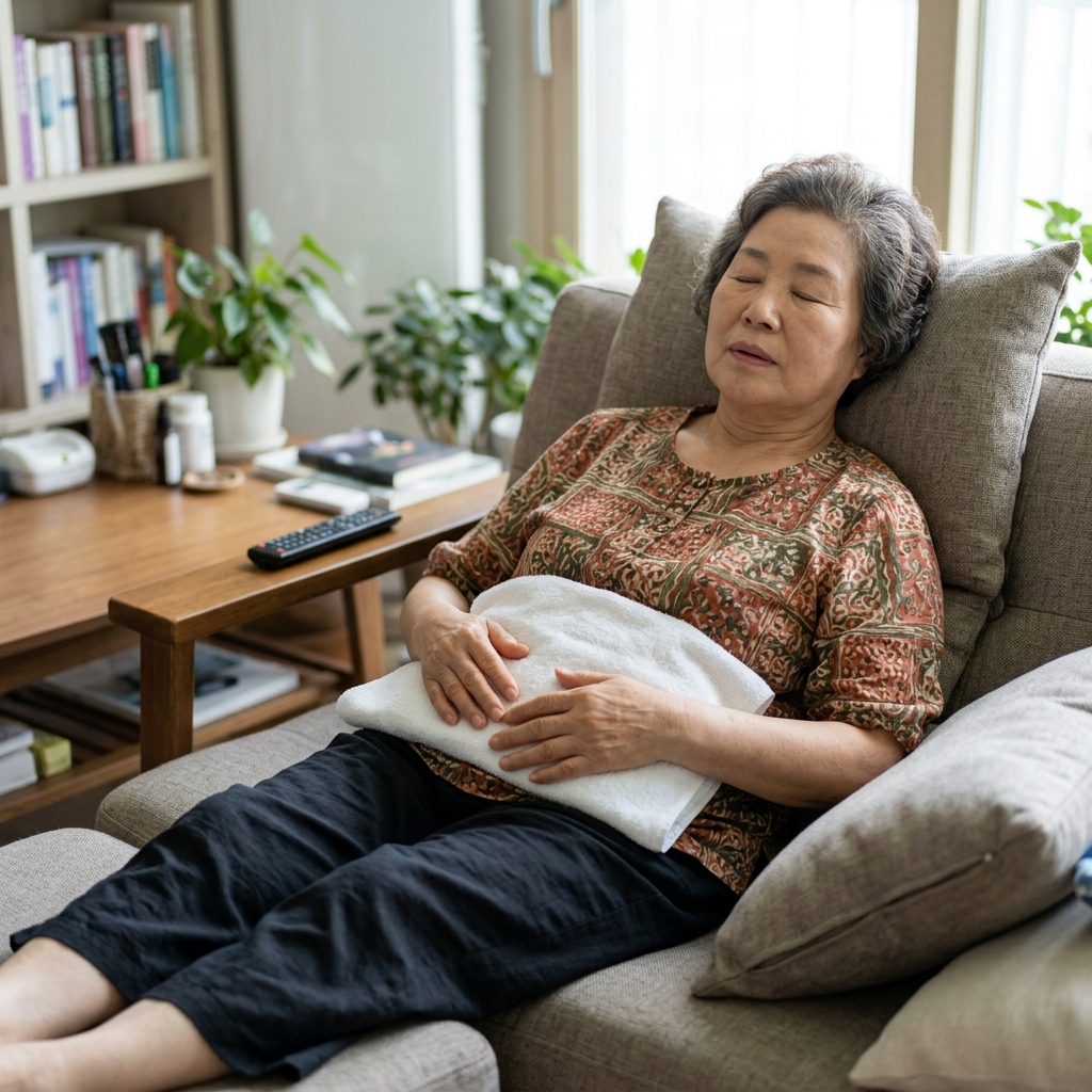 70대 여성이 거실 소파에 편안히 반쯤 기댄 자세로 배 위에 면 수건으로 감싼 따뜻한 찜질팩을 올려두고, 눈을 감고 깊게 숨 쉬는 모습