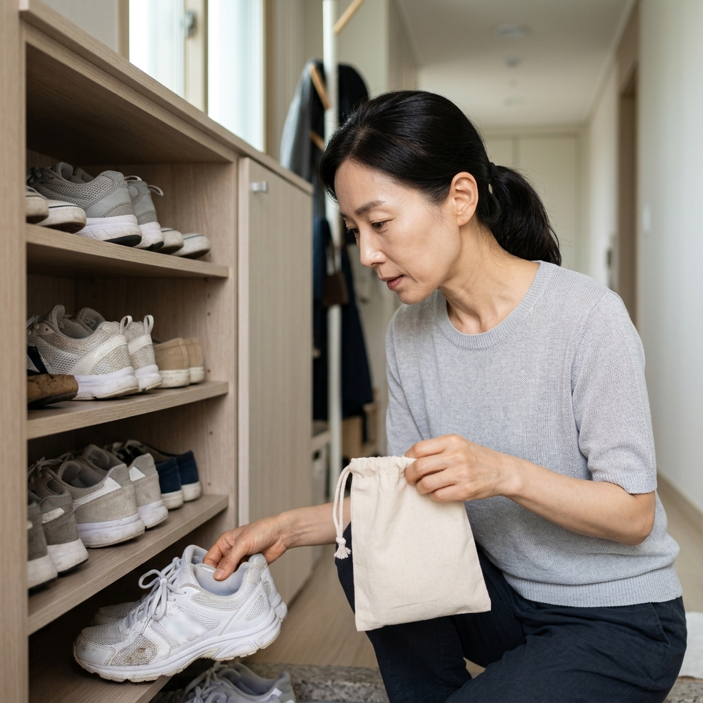 신발장 앞에서 운동화를 정리하며 안쪽을 들여다보는 70대 남성, 손에 작은 천 주머니를 들고 있는 모습
