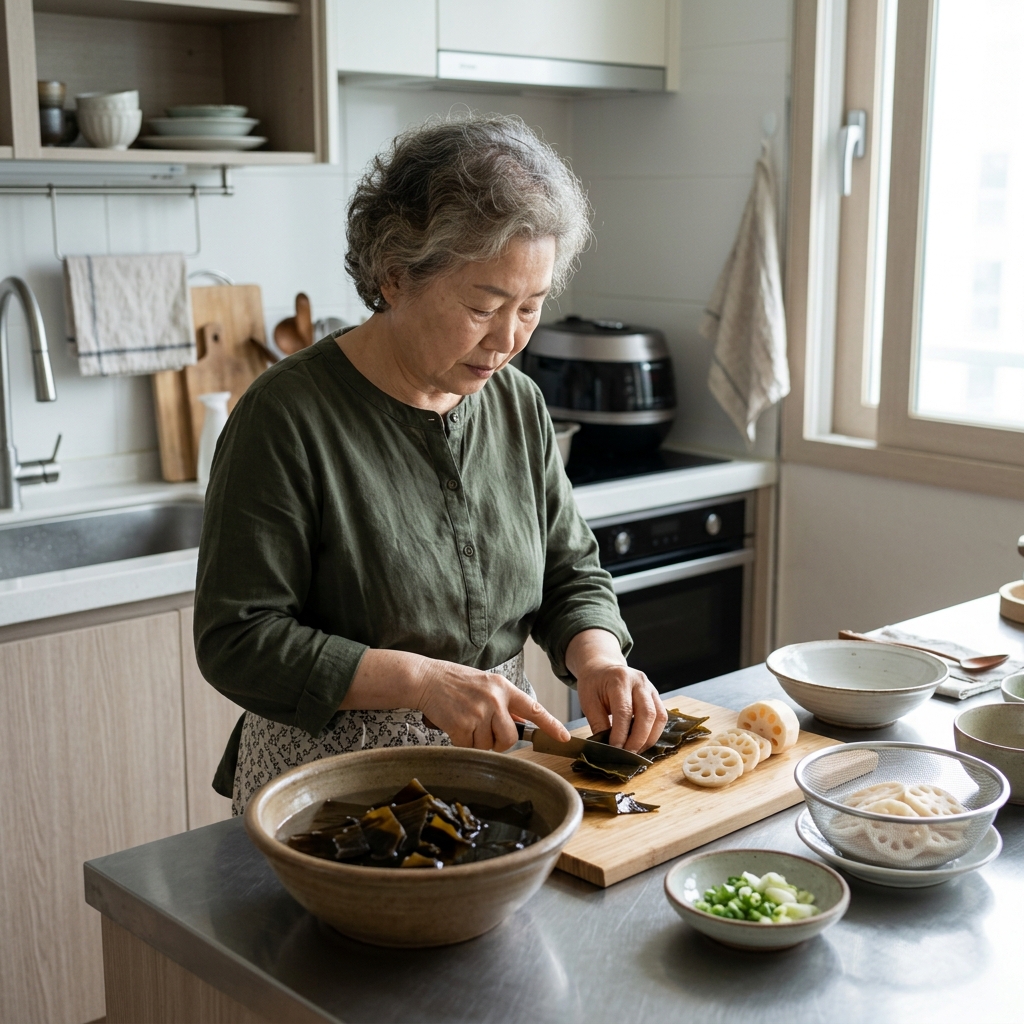 70대 여성이 주방 작업대에서 톳과 연근을 손질하고 있는 모습, 밝은 자연광, 긴소매 면 블라우스