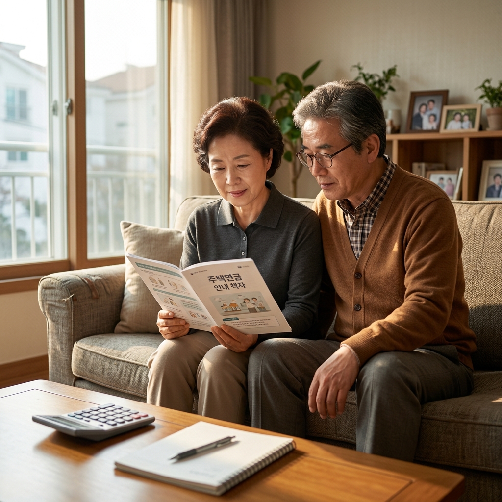 거실 소파에 앉아 주택연금 안내 책자를 펼쳐 보는 60대 부부, 창밖으로 따뜻한 오후 햇살이 들어오고 테이블 위에는 연금 계산기와 노트가 놓여 있음