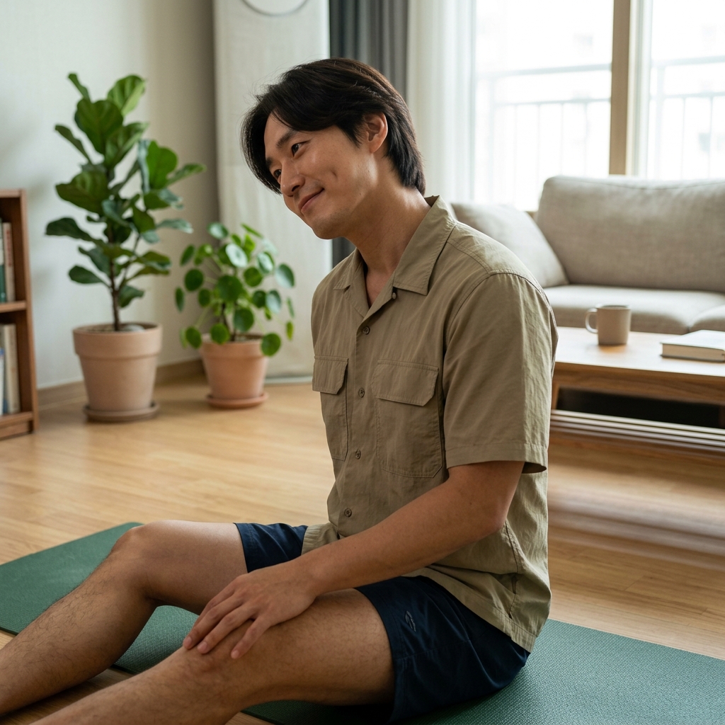거실 바닥 요가매트 위에서 목을 좌우로 천천히 기울이며 스트레칭하는 30대 직장인의 옆모습